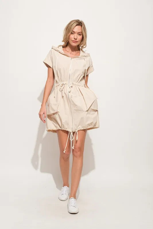 And The Why Short Sleeve String Details Hooded Mini Dress-Street 360-Almond-M-Urbanheer