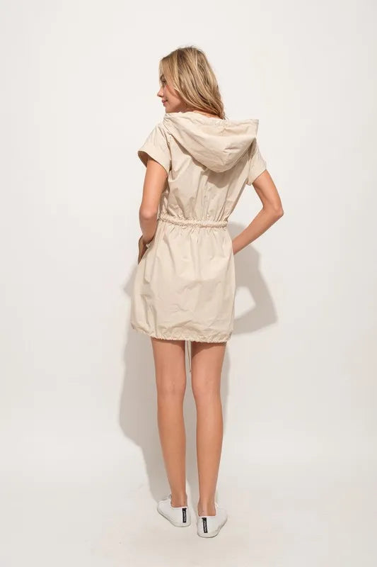 And The Why Short Sleeve String Details Hooded Mini Dress-Street 360-Almond-M-Urbanheer