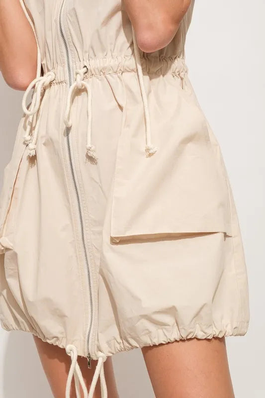 And The Why Short Sleeve String Details Hooded Mini Dress-Street 360-Almond-M-Urbanheer