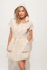 And The Why Short Sleeve String Details Hooded Mini Dress-Street 360-Almond-M-Urbanheer