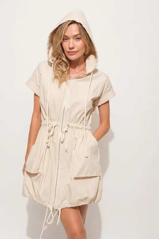 And The Why Short Sleeve String Details Hooded Mini Dress-Street 360-Almond-M-Urbanheer