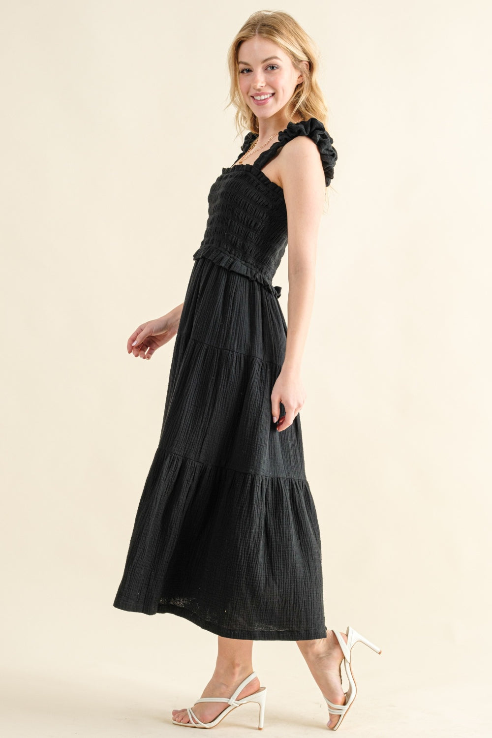 And The Why Smocked Ruffled Tiered Dress-Street 360-Black-S-Urbanheer