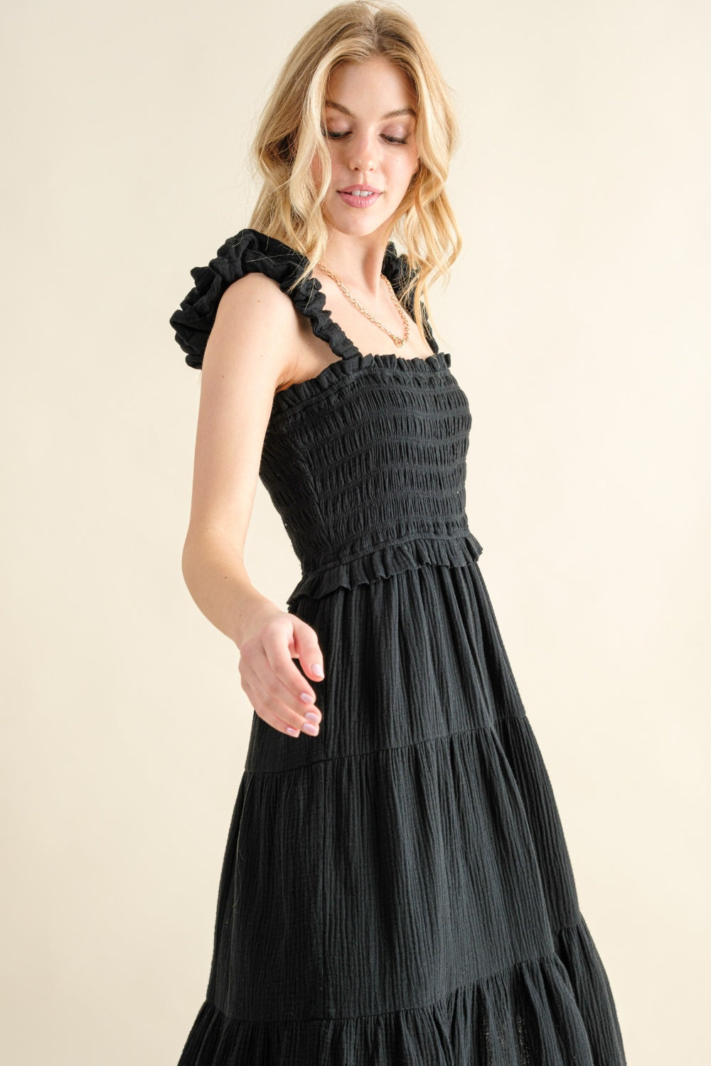 And The Why Smocked Ruffled Tiered Dress-Street 360-Black-S-Urbanheer