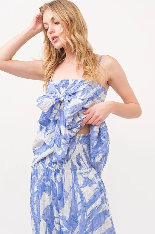 And The Why Smocked Tied Babydoll Abstract Print Top-Trendsi-BLUE-S-Urbanheer