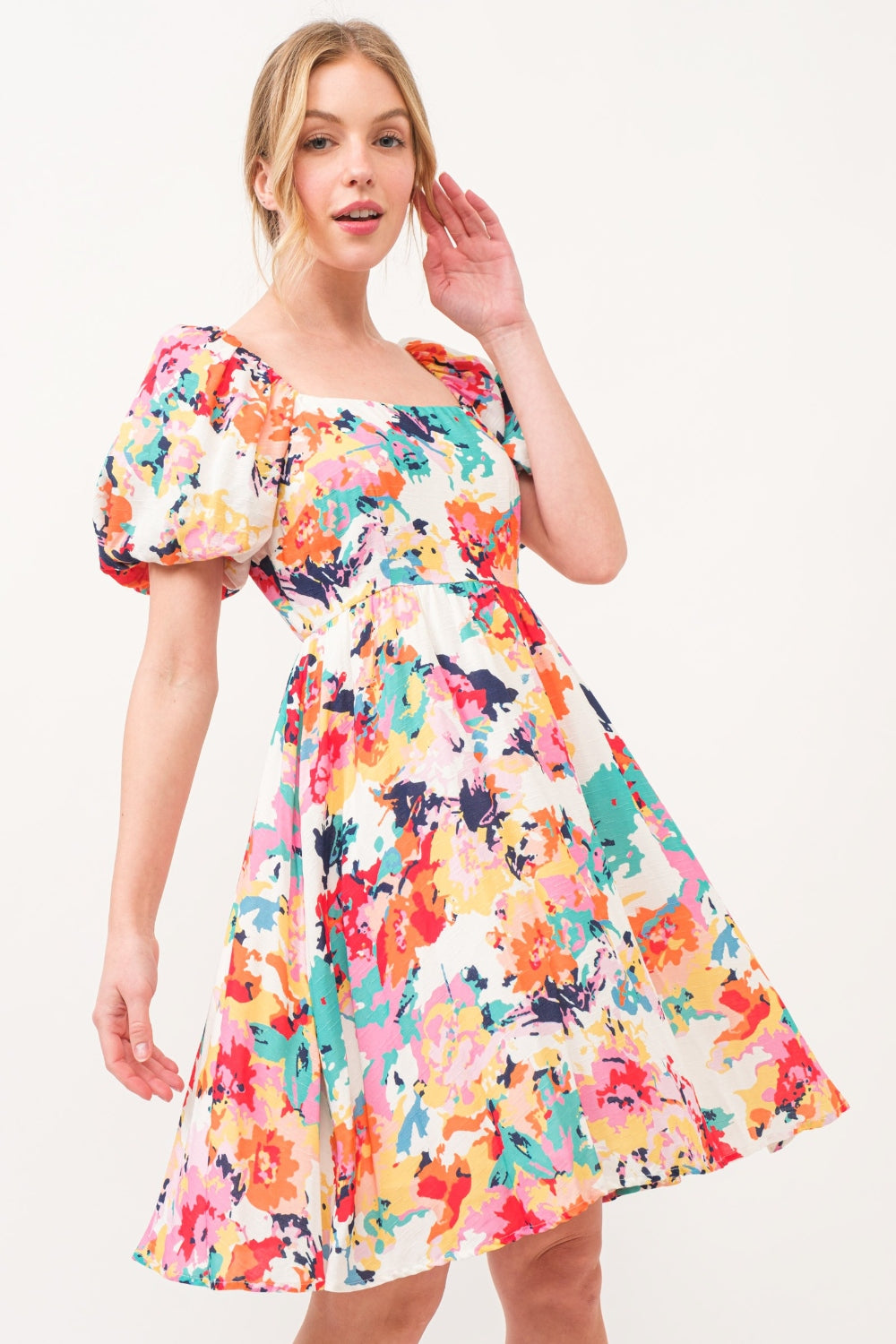 And The Why Square Neck Puff Sleeve Floral Dress-Street 360-Multi-S-Urbanheer