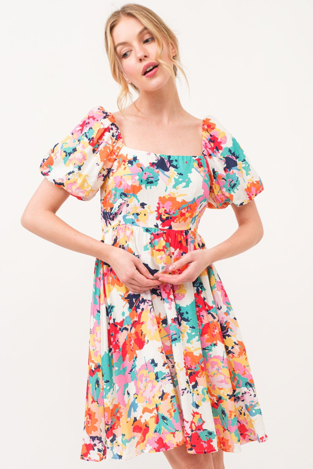 And The Why Square Neck Puff Sleeve Floral Dress-Street 360-Multi-S-Urbanheer