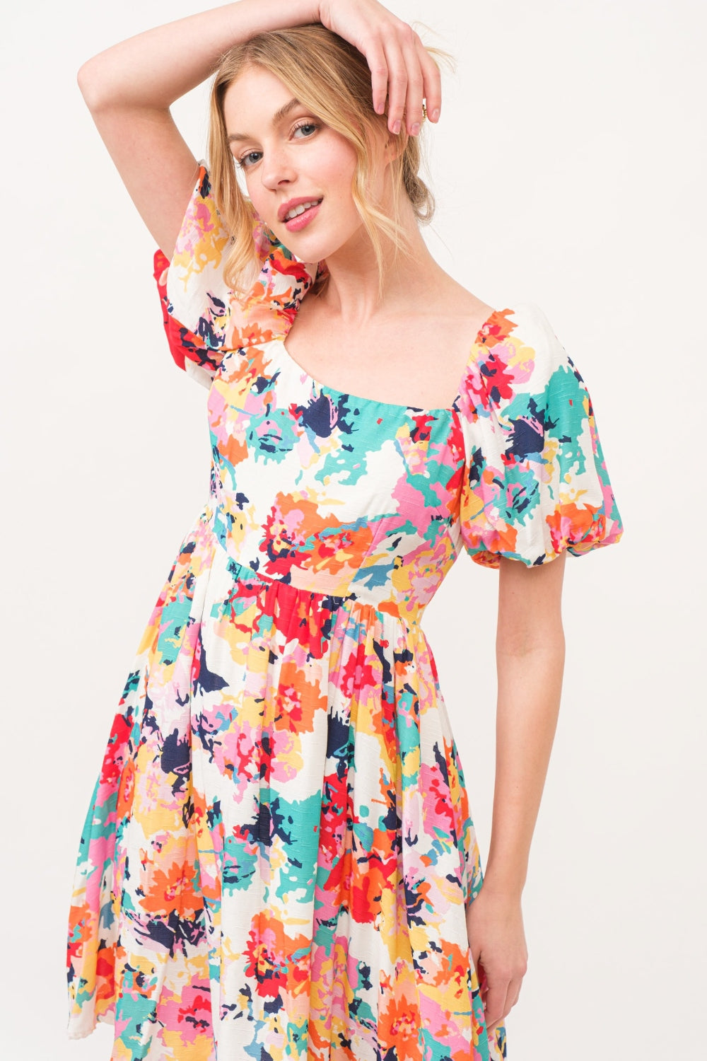 And The Why Square Neck Puff Sleeve Floral Dress-Street 360-Multi-S-Urbanheer