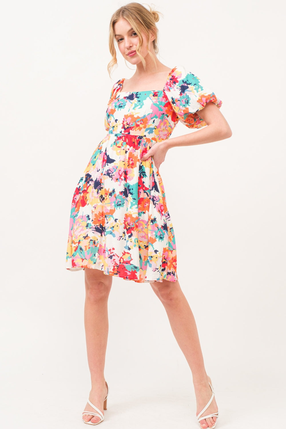 And The Why Square Neck Puff Sleeve Floral Dress-Street 360-Multi-S-Urbanheer