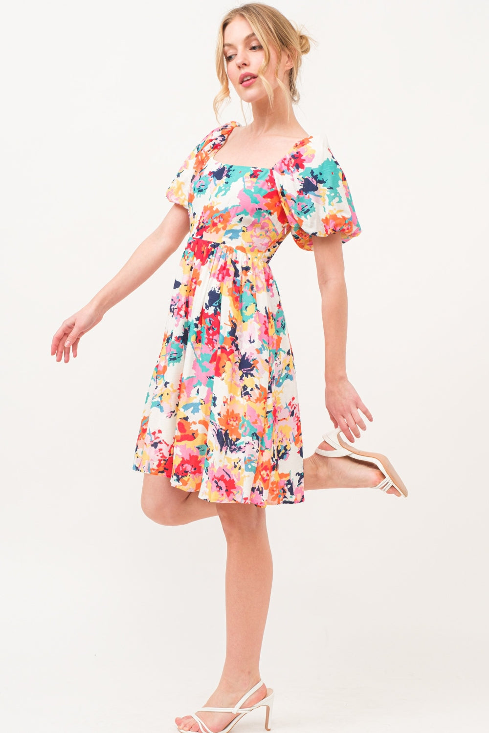 And The Why Square Neck Puff Sleeve Floral Dress-Street 360-Multi-S-Urbanheer