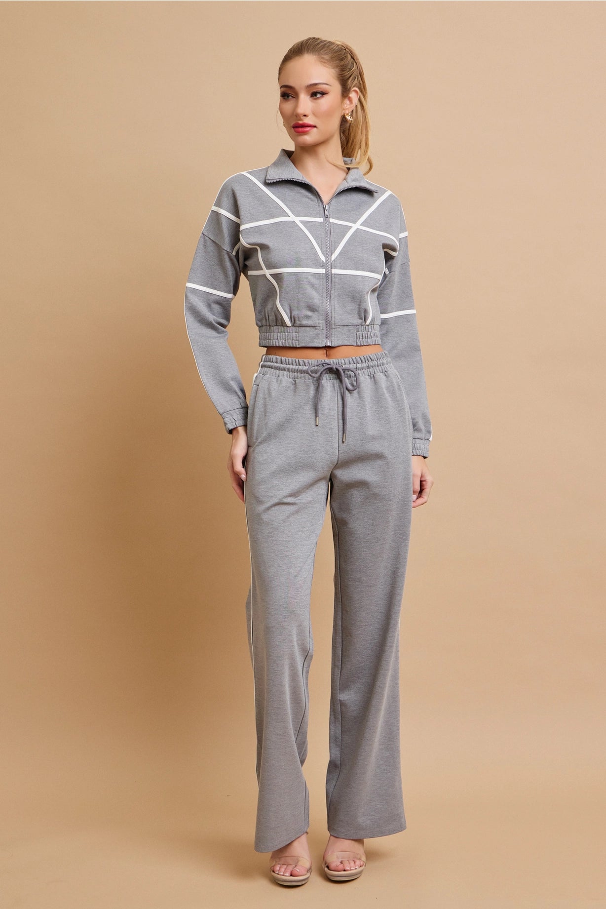 Andrea Knit Tracksuit with Contrast Stripes | Grey