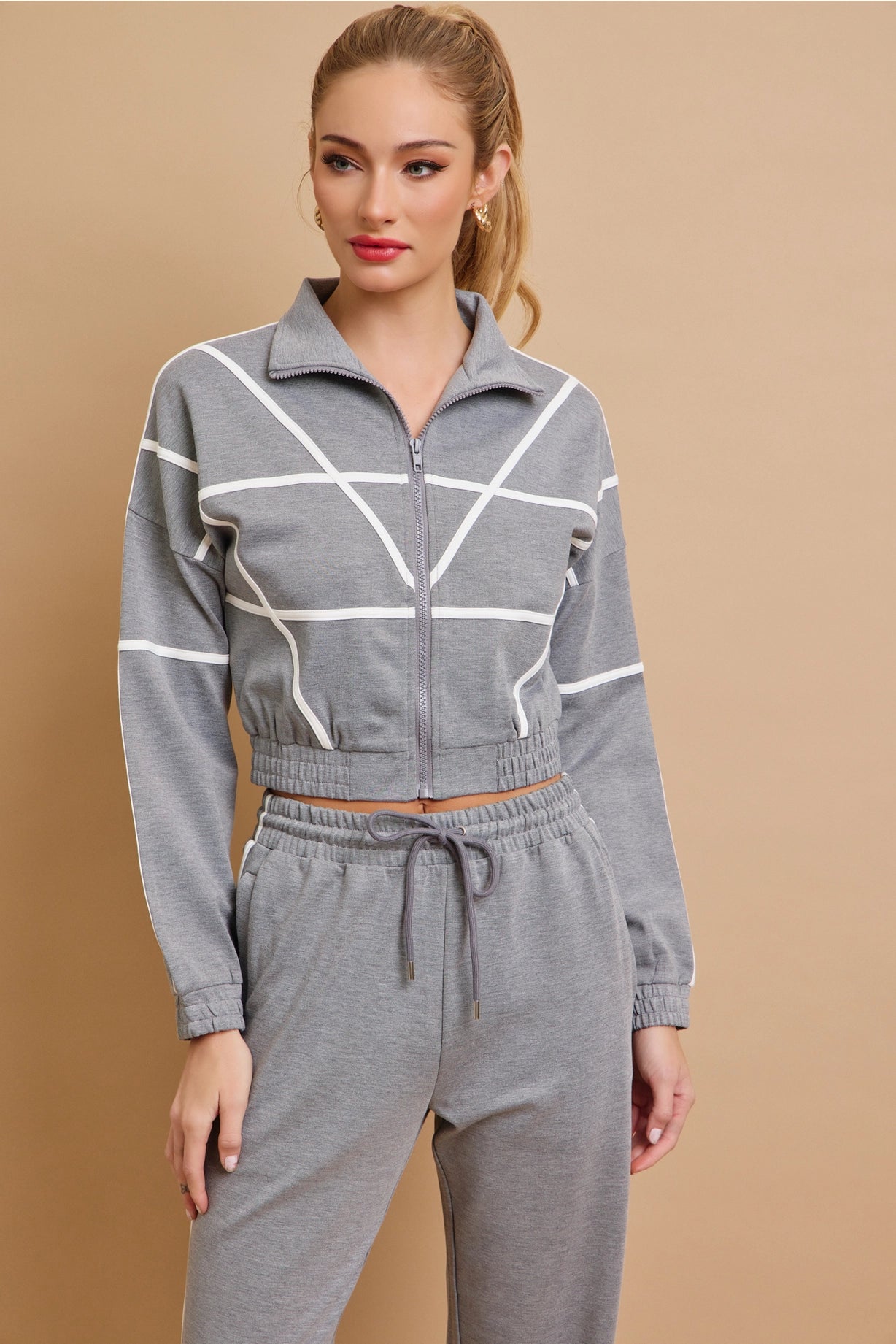 Andrea Knit Tracksuit with Contrast Stripes | Grey