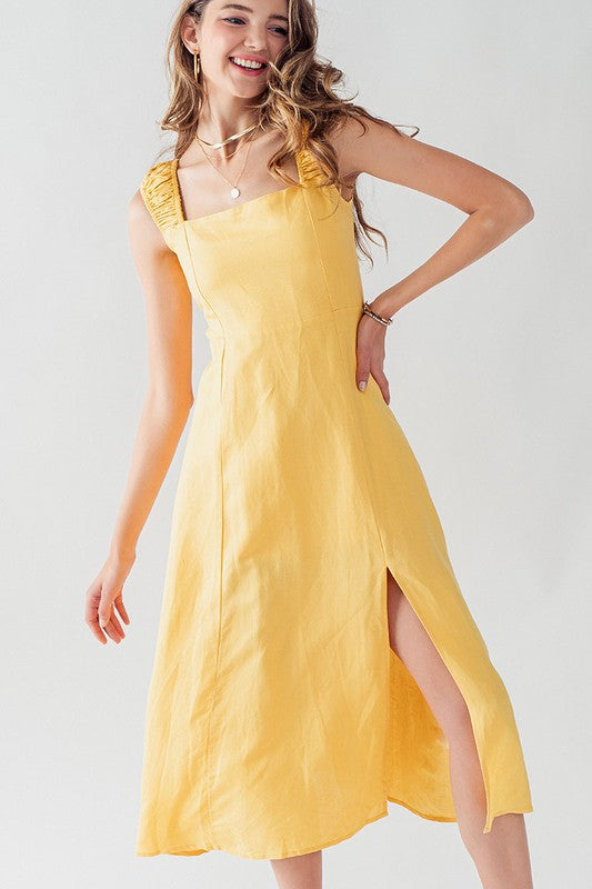 Anette Cross Back Tie Detail Side Slit Dress Yellow-Dress-Urban Daizy-S-Urbanheer