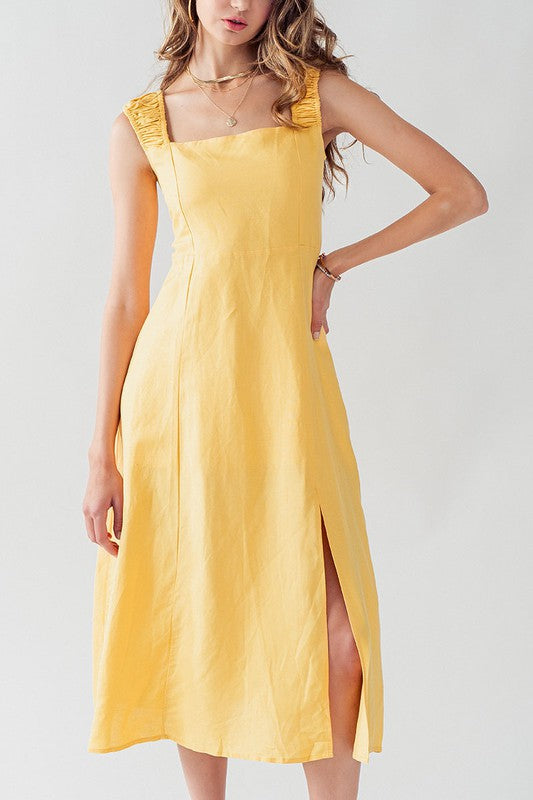 Anette Cross Back Tie Detail Side Slit Dress Yellow-Dress-Urban Daizy-S-Urbanheer