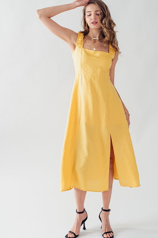 Anette Cross Back Tie Detail Side Slit Dress Yellow-Dress-Urban Daizy-S-Urbanheer
