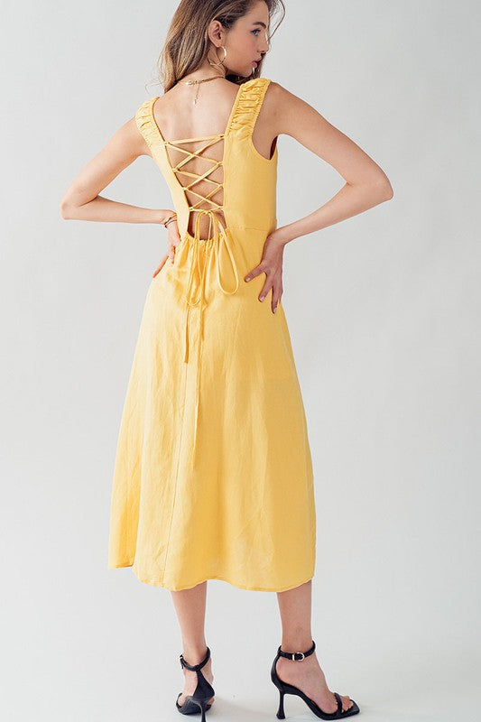 Anette Cross Back Tie Detail Side Slit Dress Yellow-Dress-Urban Daizy-S-Urbanheer