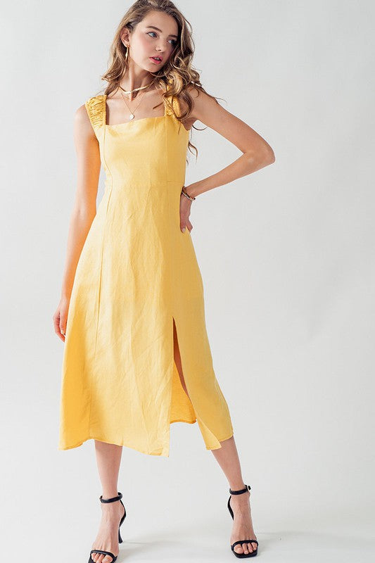 Anette Cross Back Tie Detail Side Slit Dress Yellow-Dress-Urban Daizy-S-Urbanheer