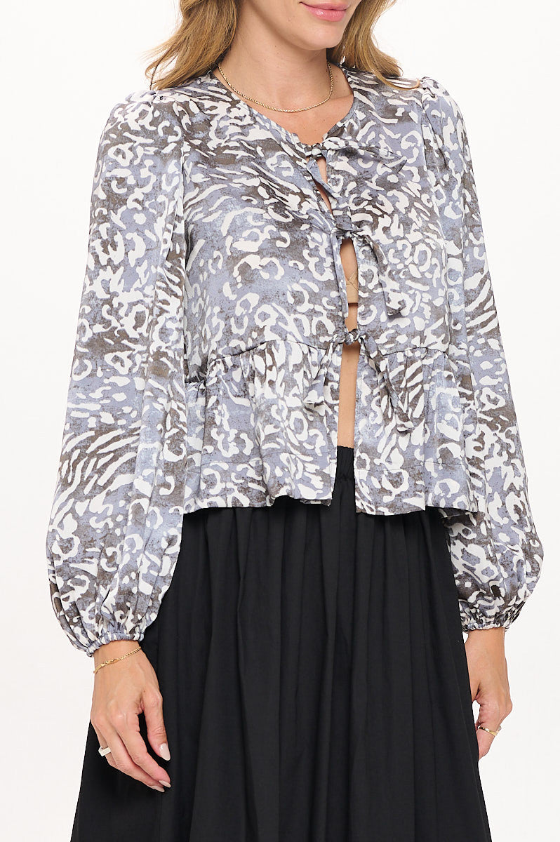 Animal Print Long Puff Sleeve Top with Front Tie Detail-New Arrival-Reneecollection-Small-CHARCOAL-Urbanheer