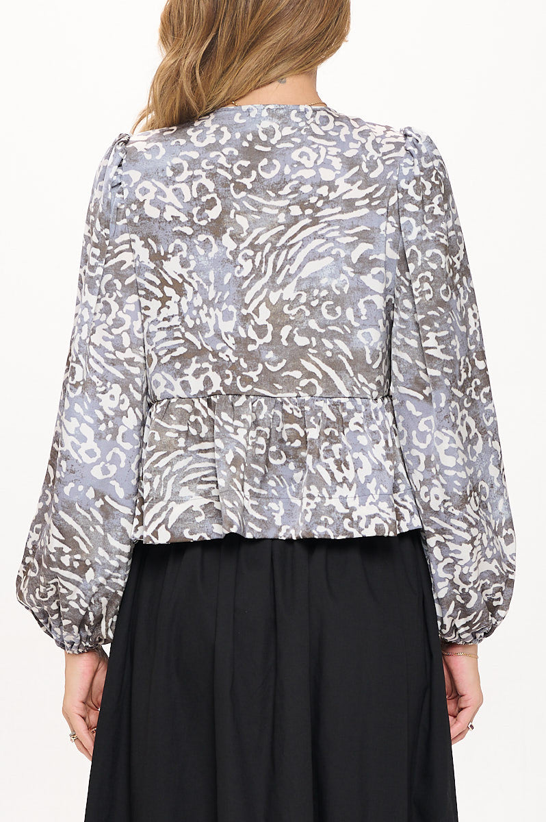 Animal Print Long Puff Sleeve Top with Front Tie Detail-New Arrival-Reneecollection-Small-CHARCOAL-Urbanheer