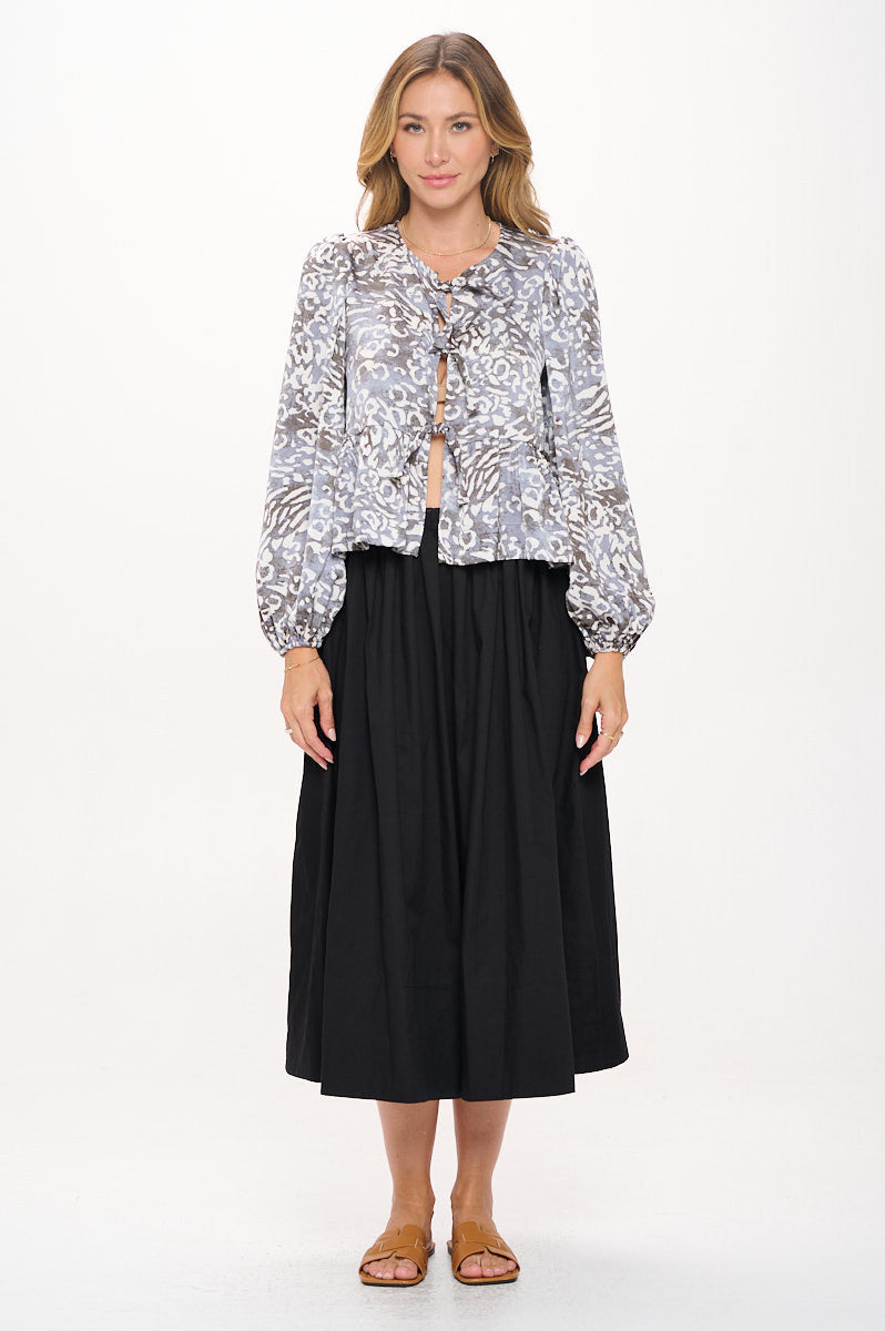 Animal Print Long Puff Sleeve Top with Front Tie Detail-New Arrival-Reneecollection-Small-CHARCOAL-Urbanheer