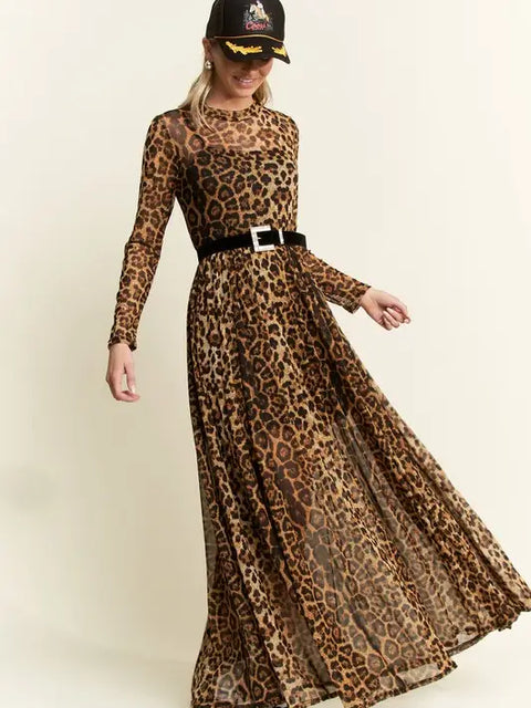 Animal Print Mesh Mock-Dress-JADE BY JANE-S-MOCHA BROWN-Urbanheer