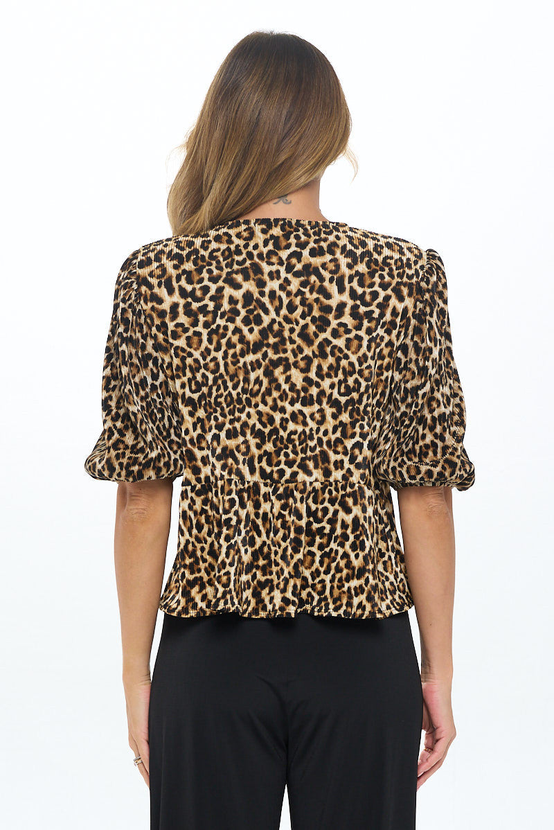 Animal Print Plisse Puff Sleeve Top with Front Tie Detail-New Arrival-Reneecollection-Small-TAUPE/BLACK-Urbanheer