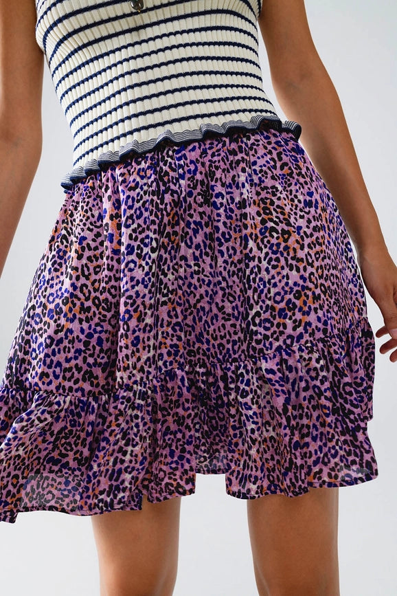 Animal Print Purple Mini Skirt with Ruffle-Skirt-Q2-S-Purple-Urbanheer