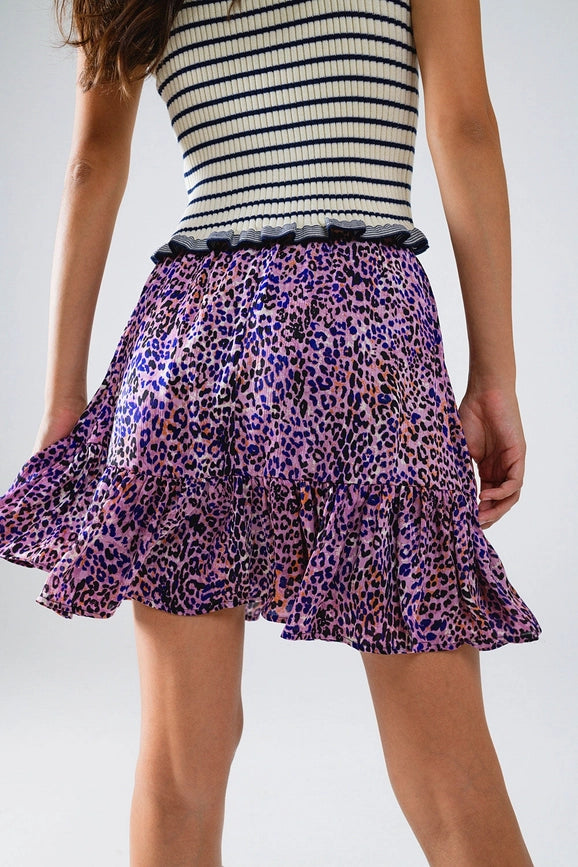Animal Print Purple Mini Skirt with Ruffle-Skirt-Q2-S-Purple-Urbanheer
