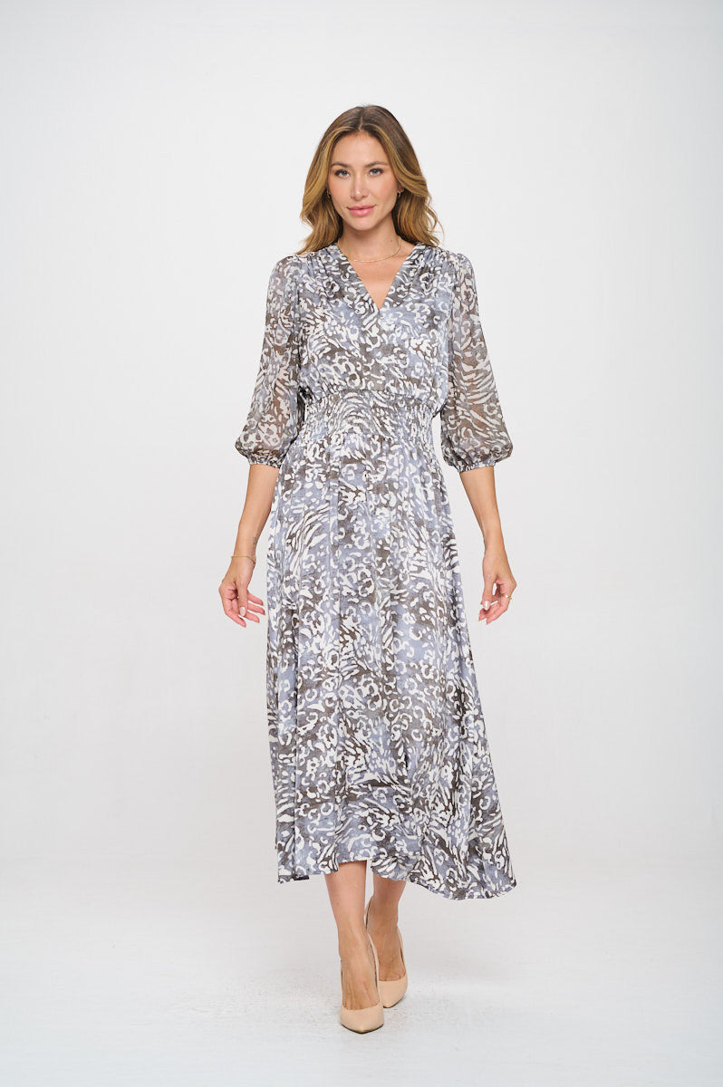 Animal Print V neck Dress with Sheer Sleeve-Dresses-Reneecollection-Small-CHARCOAL-Urbanheer