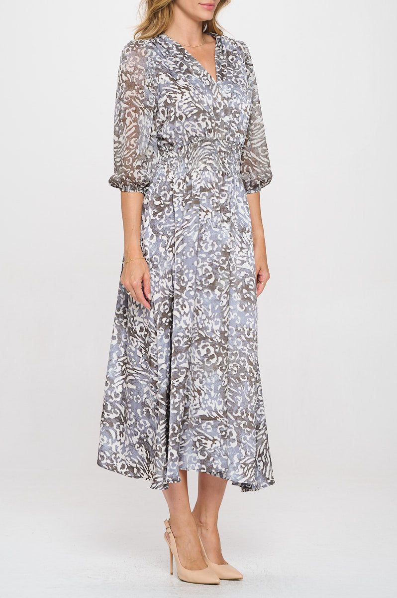Animal Print V neck Dress with Sheer Sleeve-Dresses-Reneecollection-Small-CHARCOAL-Urbanheer