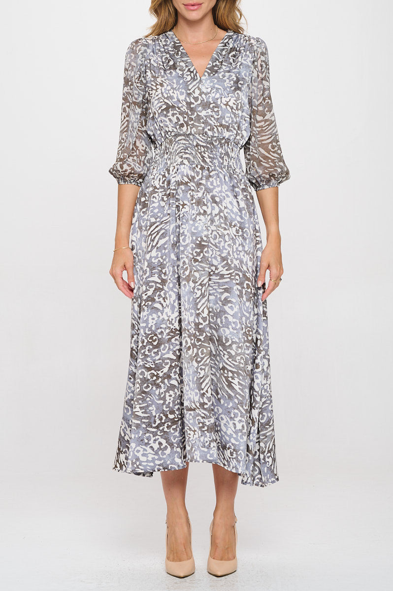 Animal Print V neck Dress with Sheer Sleeve-Dresses-Reneecollection-Small-CHARCOAL-Urbanheer