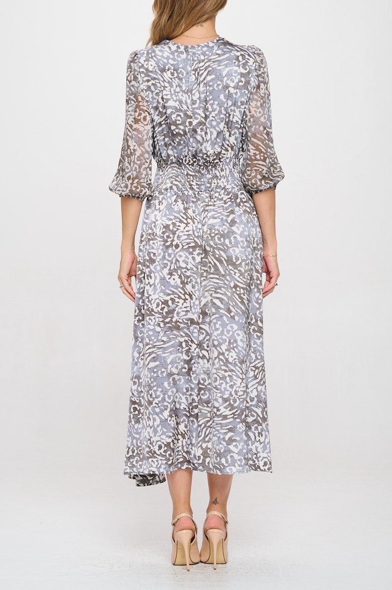 Animal Print V neck Dress with Sheer Sleeve-Dresses-Reneecollection-Small-CHARCOAL-Urbanheer