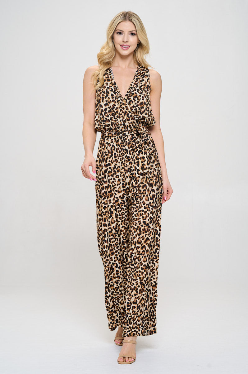 Animal Print V neck Sleeveless Jumpsuit with Tie-Jumpsuits-Reneecollection-Small-TAUPE-Urbanheer