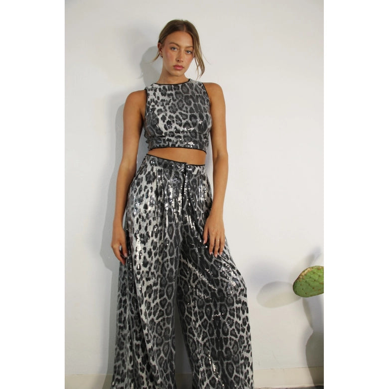 Animal Printed Sequence Crop Top and Pants Set-Set-Mulla-S-BLACK-Urbanheer