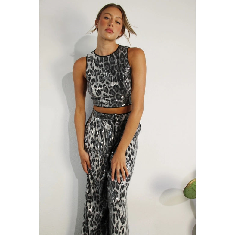 Animal Printed Sequence Crop Top and Pants Set-Set-Mulla-S-BLACK-Urbanheer