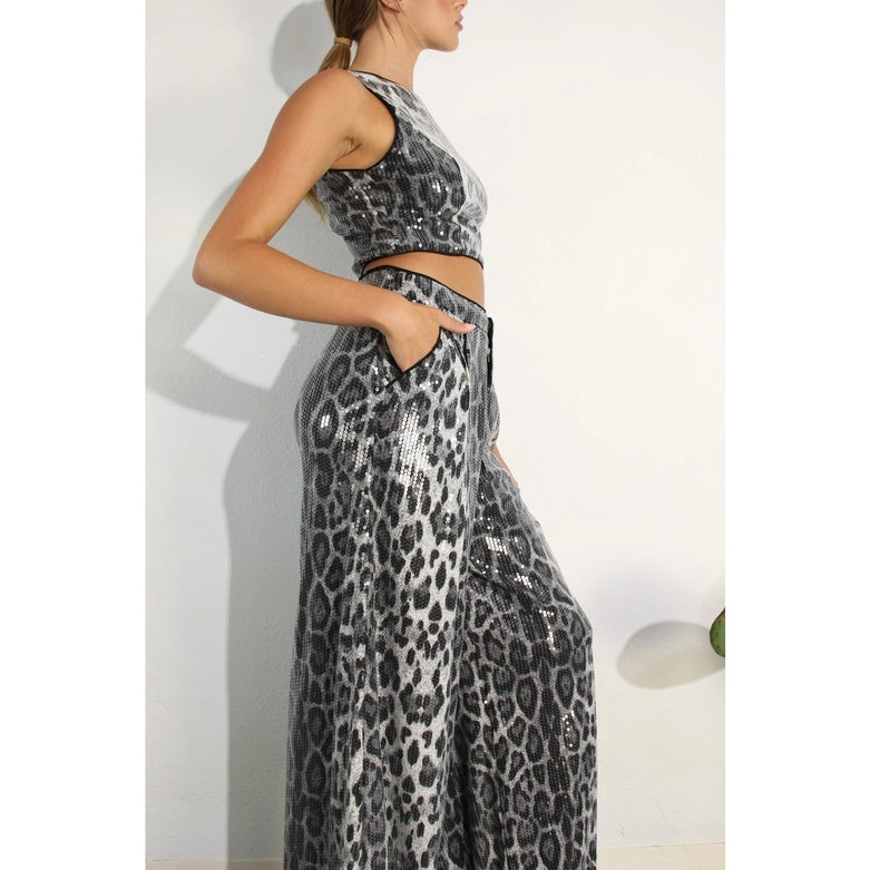 Animal Printed Sequence Crop Top and Pants Set-Set-Mulla-S-BLACK-Urbanheer