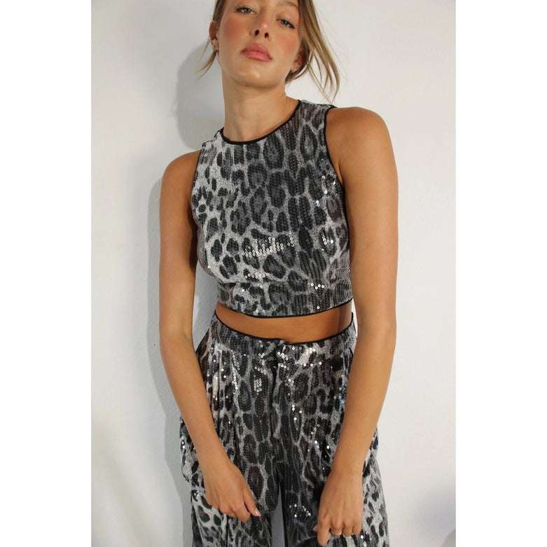 Animal Printed Sequence Crop Top and Pants Set-Set-Mulla-S-BLACK-Urbanheer