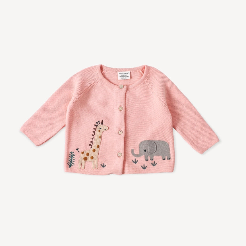 Animal Safari Embroidered Baby Cardigan Sweater (Organic)-Cardigan-Viverano Organics-0-3M-Blush Pink-Urbanheer