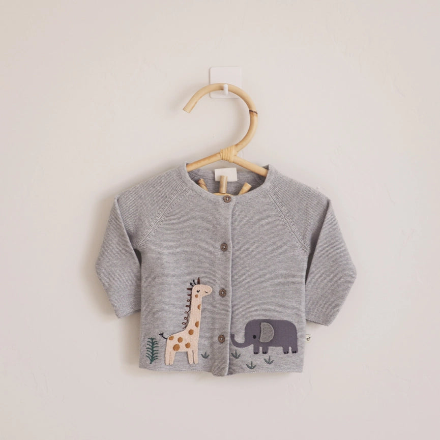 Animal Safari Embroidered Baby Cardigan Sweater (Organic)-Cardigan-Viverano Organics-0-3M-Heather Grey-Urbanheer