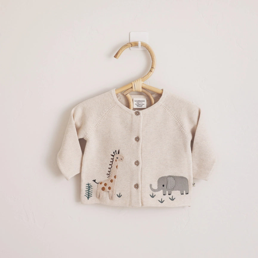 Animal Safari Embroidered Baby Cardigan Sweater (Organic)-Cardigan-Viverano Organics-0-3M-Natural-Urbanheer