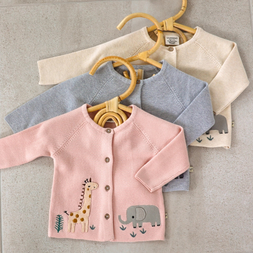 Animal Safari Embroidered Baby Cardigan Sweater (Organic)-Cardigan-Viverano Organics-0-3M-Natural-Urbanheer