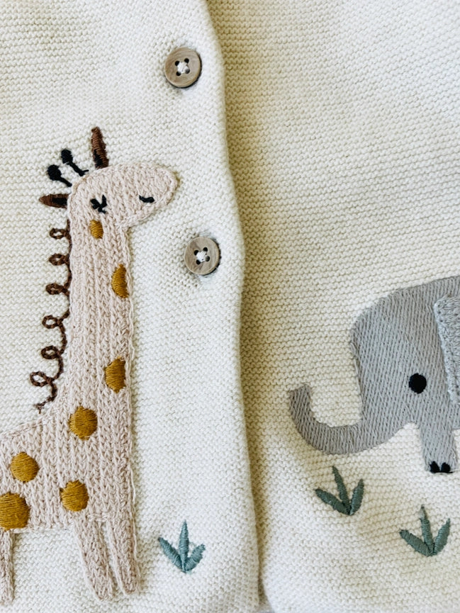Animal Safari Embroidered Baby Cardigan Sweater (Organic)-Cardigan-Viverano Organics-0-3M-Natural-Urbanheer