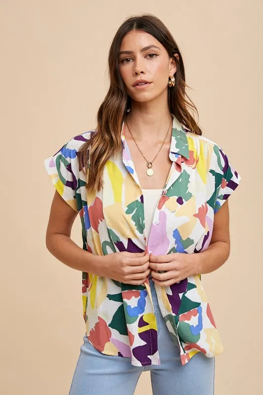 Annie Wear Multi Color Button Down Pleated Shoulder Top-Trendsi-FOREST MULTI-S-Urbanheer