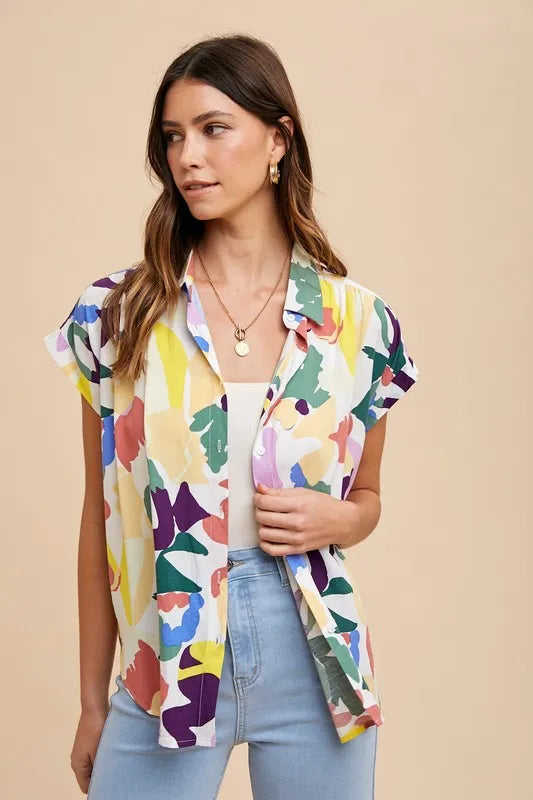 Annie Wear Multi Color Button Down Pleated Shoulder Top-Trendsi-FOREST MULTI-S-Urbanheer
