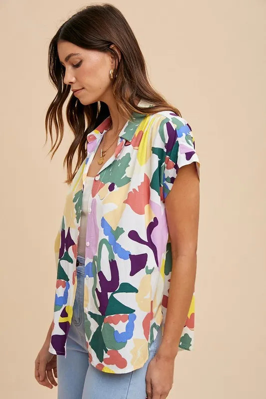 Annie Wear Multi Color Button Down Pleated Shoulder Top-Trendsi-FOREST MULTI-S-Urbanheer