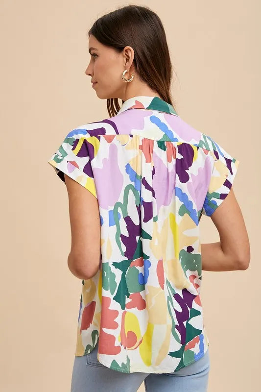 Annie Wear Multi Color Button Down Pleated Shoulder Top-Trendsi-FOREST MULTI-S-Urbanheer