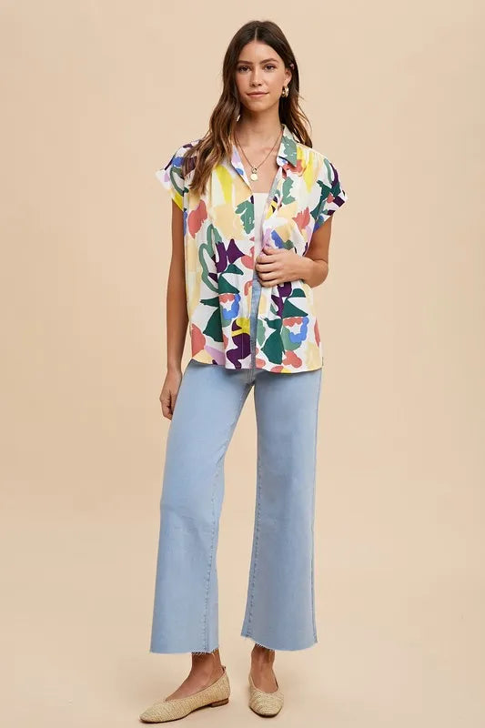 Annie Wear Multi Color Button Down Pleated Shoulder Top-Trendsi-FOREST MULTI-S-Urbanheer