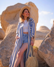 Anthracite Striped Long Linen Shirt Dress Blue Stripes-Dress-Moa-Front length 48.5" (123 cm) Back length 51" (130 cm) Bust width: 41" (104 cm) Waist width: 45" (114 cm) Hip width: 50" (126 cm) Arm length: 19.5" (50 cm)-Urbanheer