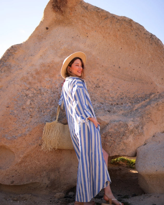 Anthracite Striped Long Linen Shirt Dress Blue Stripes-Dress-Moa-Front length 48.5" (123 cm) Back length 51" (130 cm) Bust width: 41" (104 cm) Waist width: 45" (114 cm) Hip width: 50" (126 cm) Arm length: 19.5" (50 cm)-Urbanheer