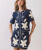 Appliqué Floral Short Puff Sleeve Structured Top - Navy