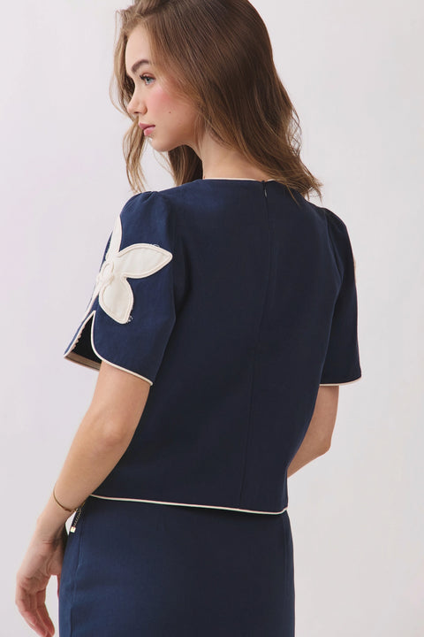 Appliqué Floral Short Puff Sleeve Structured Top - Navy